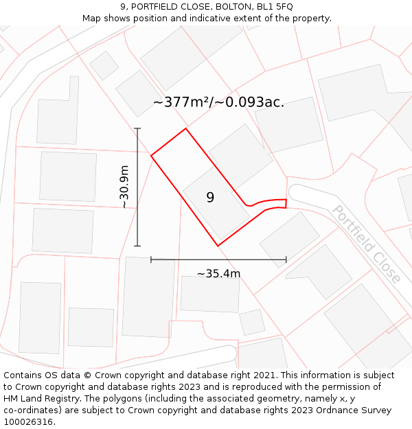 9, PORTFIELD CLOSE, BOLTON, BL1 5FQ: Plot and title map