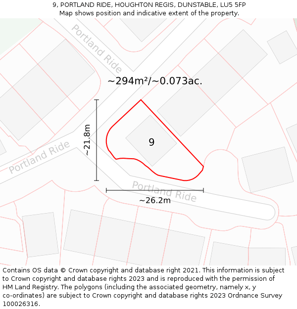 9, PORTLAND RIDE, HOUGHTON REGIS, DUNSTABLE, LU5 5FP: Plot and title map