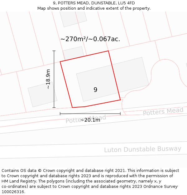 9, POTTERS MEAD, DUNSTABLE, LU5 4FD: Plot and title map