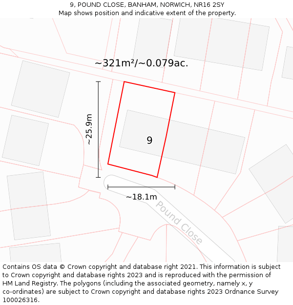 9, POUND CLOSE, BANHAM, NORWICH, NR16 2SY: Plot and title map