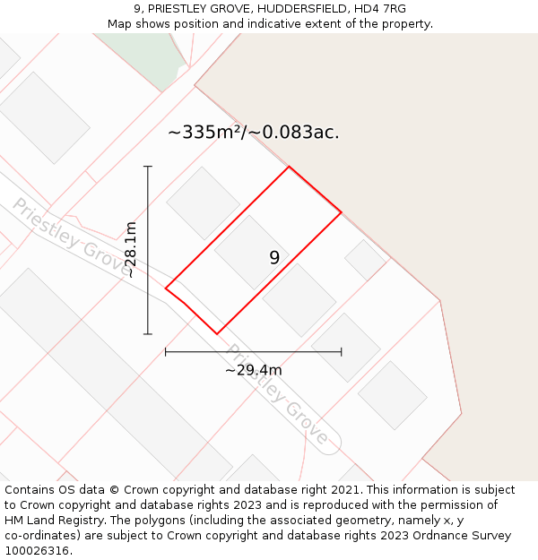 9, PRIESTLEY GROVE, HUDDERSFIELD, HD4 7RG: Plot and title map