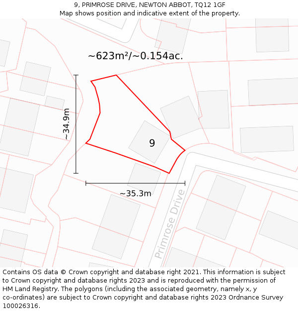 9, PRIMROSE DRIVE, NEWTON ABBOT, TQ12 1GF: Plot and title map