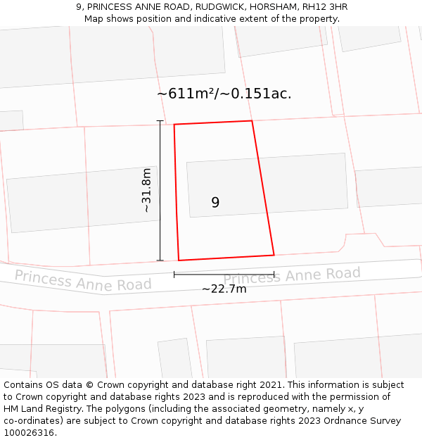 9, PRINCESS ANNE ROAD, RUDGWICK, HORSHAM, RH12 3HR: Plot and title map