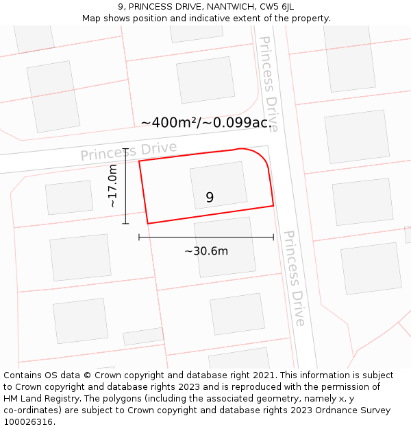 9, PRINCESS DRIVE, NANTWICH, CW5 6JL: Plot and title map