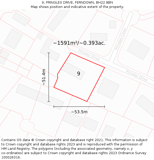 9, PRINGLES DRIVE, FERNDOWN, BH22 8BN: Plot and title map