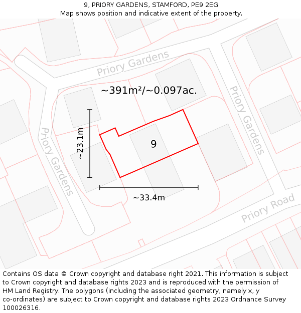 9, PRIORY GARDENS, STAMFORD, PE9 2EG: Plot and title map