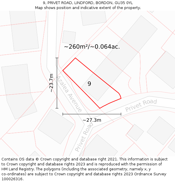 9, PRIVET ROAD, LINDFORD, BORDON, GU35 0YL: Plot and title map