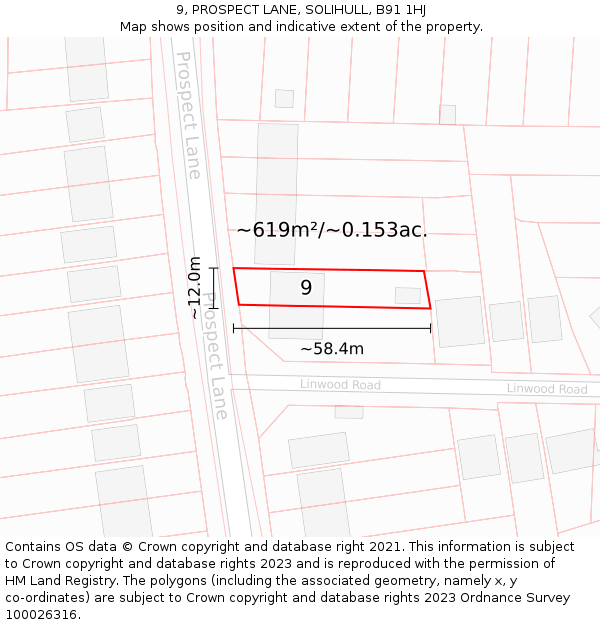 9, PROSPECT LANE, SOLIHULL, B91 1HJ: Plot and title map