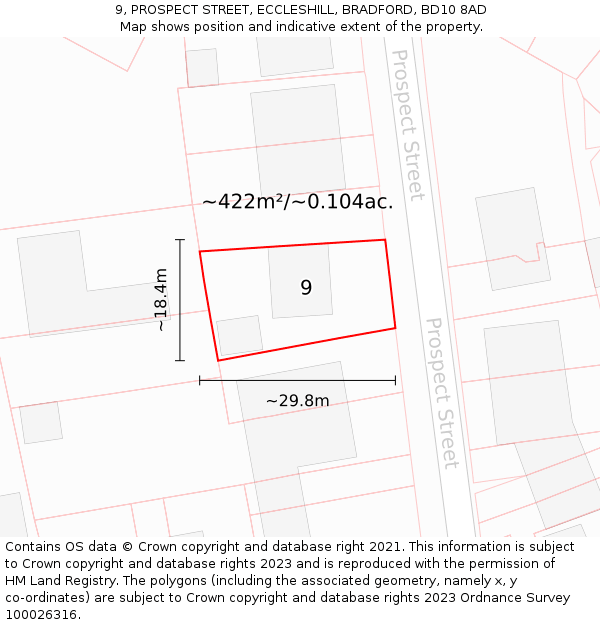 9, PROSPECT STREET, ECCLESHILL, BRADFORD, BD10 8AD: Plot and title map