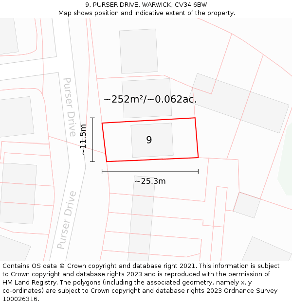 9, PURSER DRIVE, WARWICK, CV34 6BW: Plot and title map