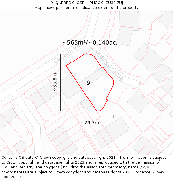 9, QUEBEC CLOSE, LIPHOOK, GU30 7UJ: Plot and title map