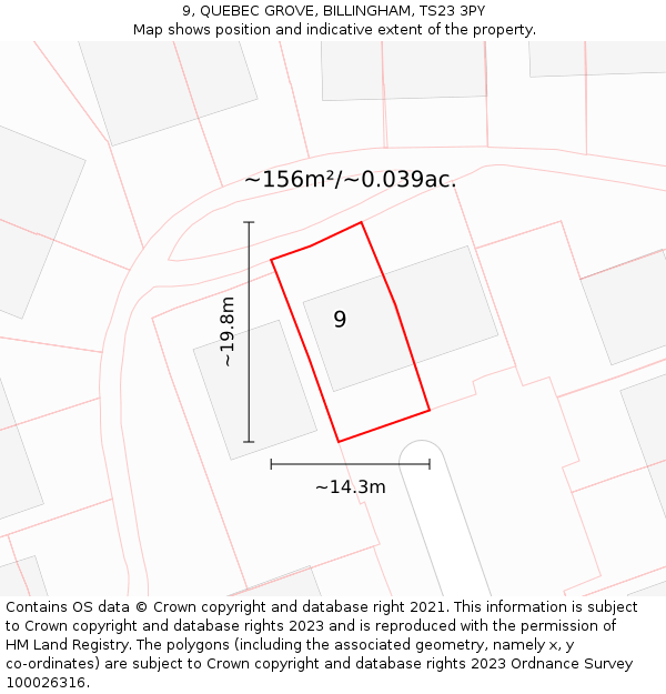 9, QUEBEC GROVE, BILLINGHAM, TS23 3PY: Plot and title map