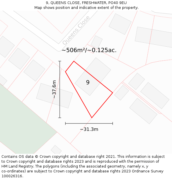 9, QUEENS CLOSE, FRESHWATER, PO40 9EU: Plot and title map