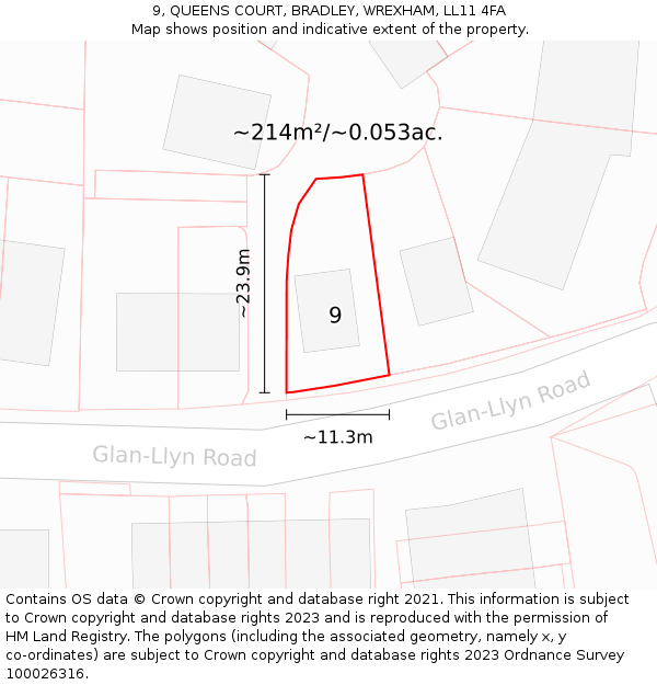 9, QUEENS COURT, BRADLEY, WREXHAM, LL11 4FA: Plot and title map