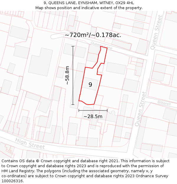 9, QUEENS LANE, EYNSHAM, WITNEY, OX29 4HL: Plot and title map