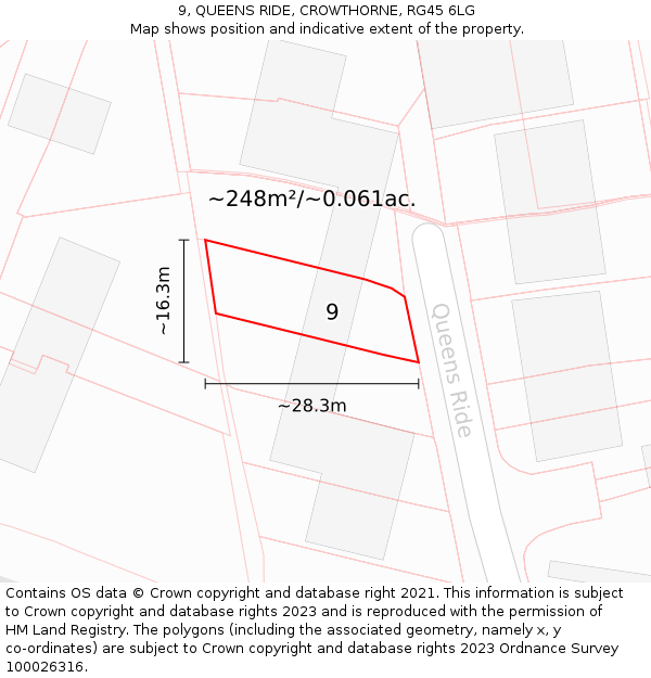 9, QUEENS RIDE, CROWTHORNE, RG45 6LG: Plot and title map