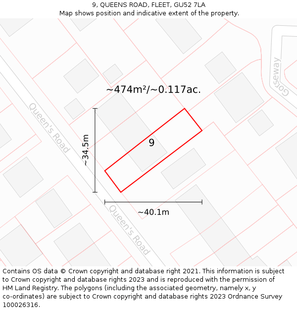 9, QUEENS ROAD, FLEET, GU52 7LA: Plot and title map