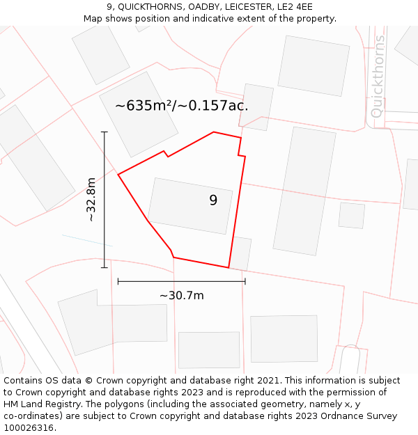 9, QUICKTHORNS, OADBY, LEICESTER, LE2 4EE: Plot and title map