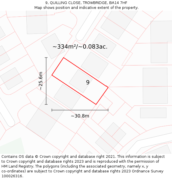 9, QUILLING CLOSE, TROWBRIDGE, BA14 7HF: Plot and title map