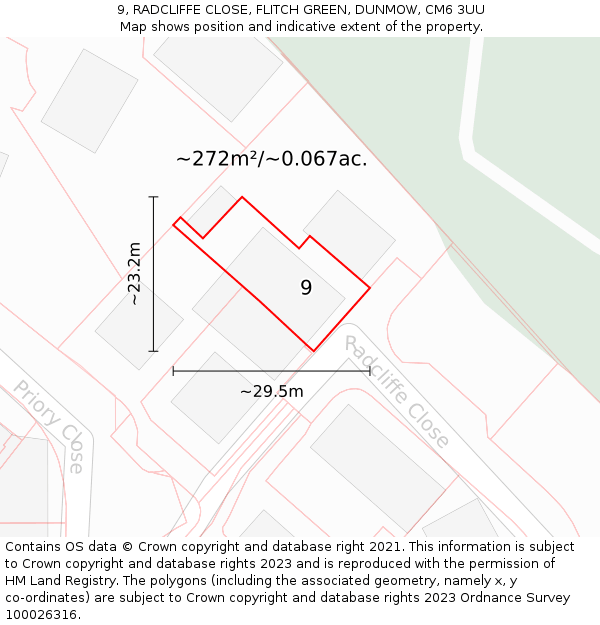 9, RADCLIFFE CLOSE, FLITCH GREEN, DUNMOW, CM6 3UU: Plot and title map
