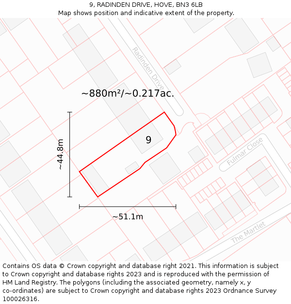 9, RADINDEN DRIVE, HOVE, BN3 6LB: Plot and title map