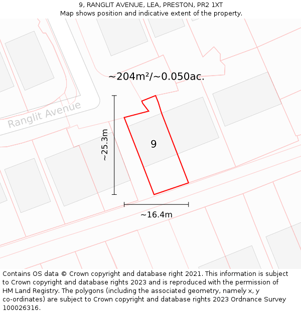 9, RANGLIT AVENUE, LEA, PRESTON, PR2 1XT: Plot and title map