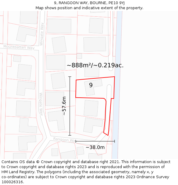 9, RANGOON WAY, BOURNE, PE10 9YJ: Plot and title map