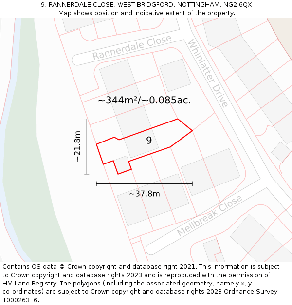 9, RANNERDALE CLOSE, WEST BRIDGFORD, NOTTINGHAM, NG2 6QX: Plot and title map