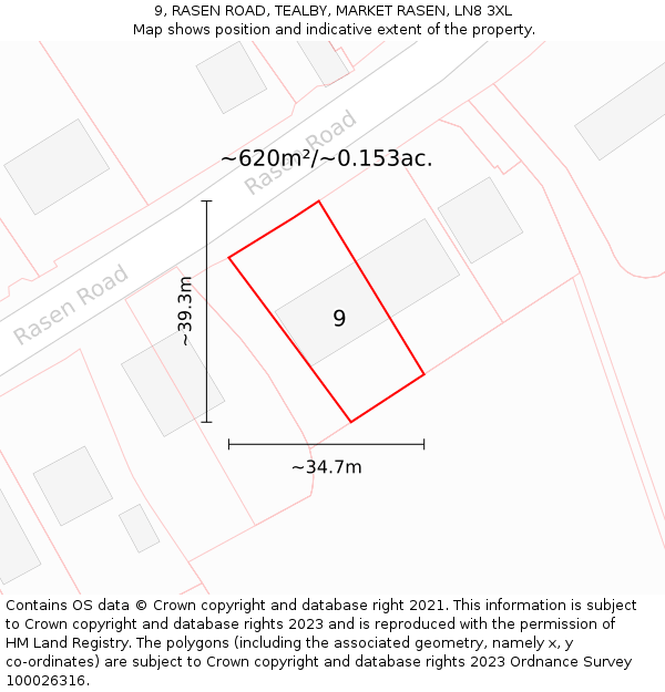 9, RASEN ROAD, TEALBY, MARKET RASEN, LN8 3XL: Plot and title map