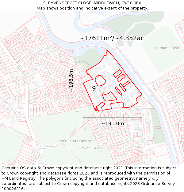 9, RAVENSCROFT CLOSE, MIDDLEWICH, CW10 9PX: Plot and title map