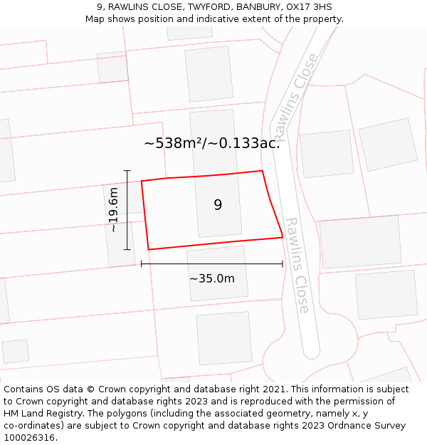 9, RAWLINS CLOSE, TWYFORD, BANBURY, OX17 3HS: Plot and title map