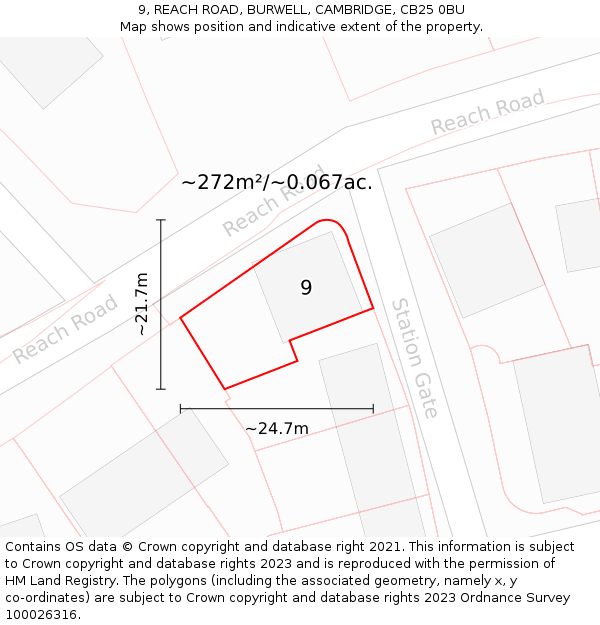 9, REACH ROAD, BURWELL, CAMBRIDGE, CB25 0BU: Plot and title map