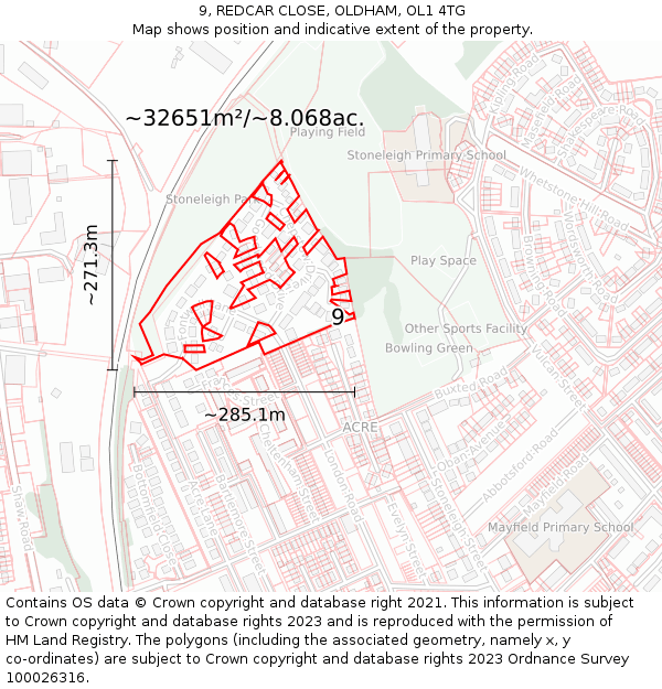 9, REDCAR CLOSE, OLDHAM, OL1 4TG: Plot and title map