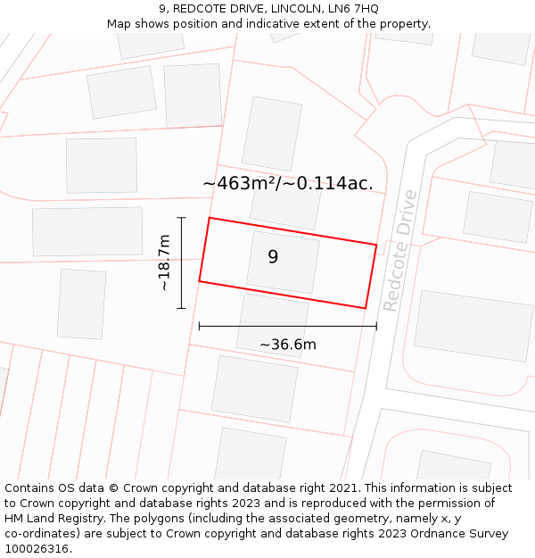 9, REDCOTE DRIVE, LINCOLN, LN6 7HQ: Plot and title map