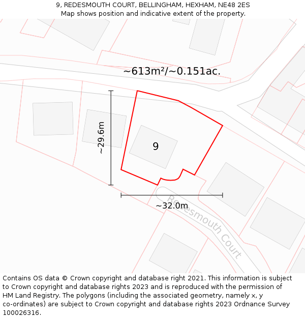 9, REDESMOUTH COURT, BELLINGHAM, HEXHAM, NE48 2ES: Plot and title map