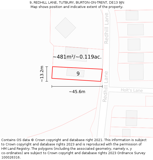 9, REDHILL LANE, TUTBURY, BURTON-ON-TRENT, DE13 9JN: Plot and title map