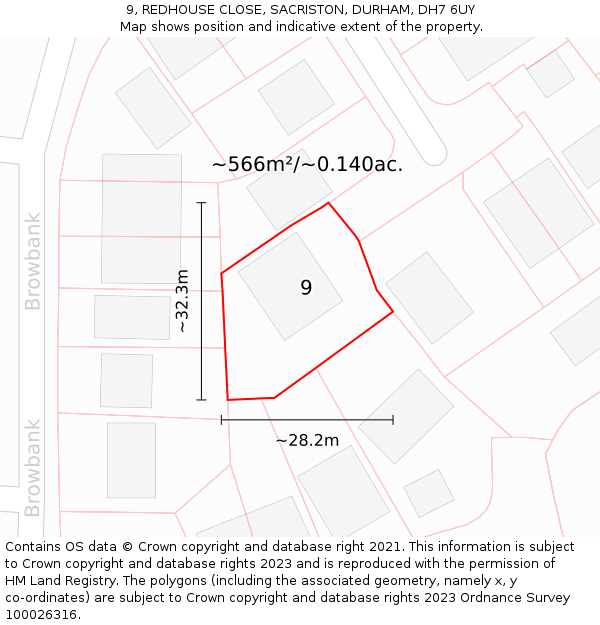 9, REDHOUSE CLOSE, SACRISTON, DURHAM, DH7 6UY: Plot and title map