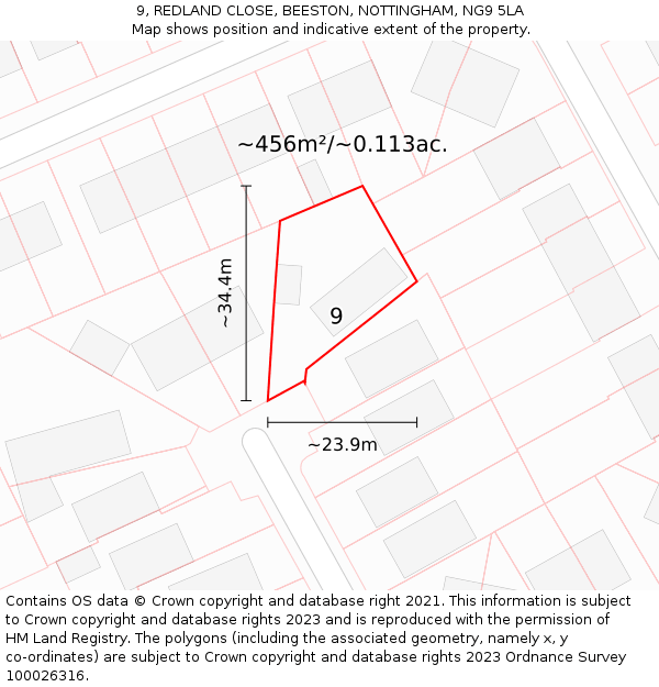 9, REDLAND CLOSE, BEESTON, NOTTINGHAM, NG9 5LA: Plot and title map