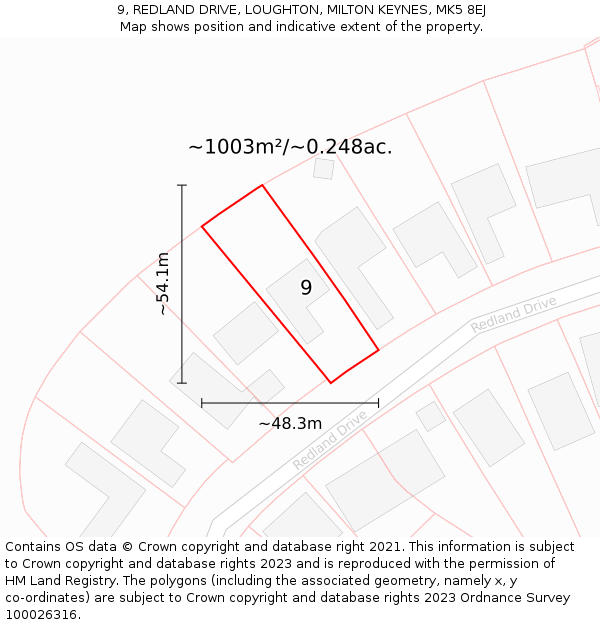 9, REDLAND DRIVE, LOUGHTON, MILTON KEYNES, MK5 8EJ: Plot and title map