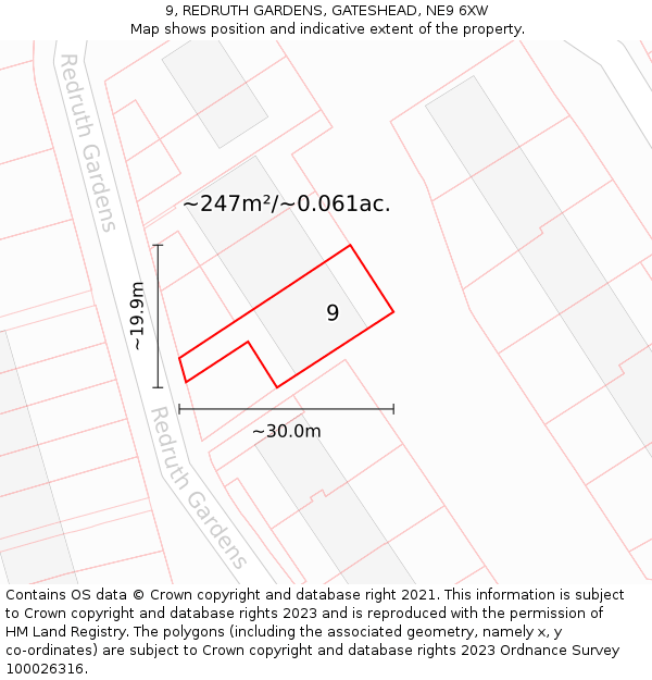 9, REDRUTH GARDENS, GATESHEAD, NE9 6XW: Plot and title map