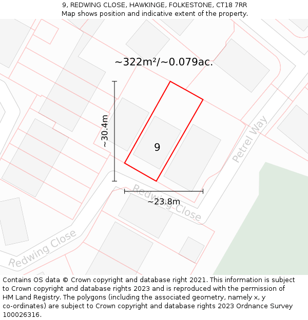 9, REDWING CLOSE, HAWKINGE, FOLKESTONE, CT18 7RR: Plot and title map