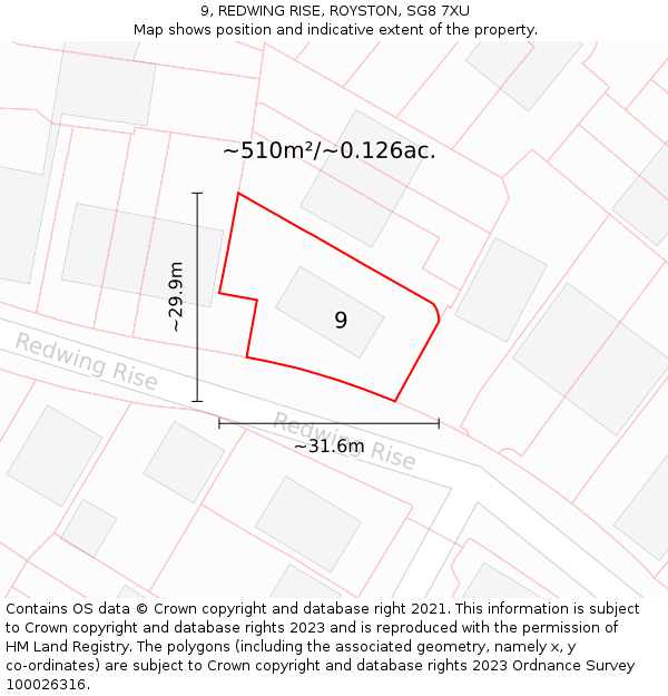 9, REDWING RISE, ROYSTON, SG8 7XU: Plot and title map