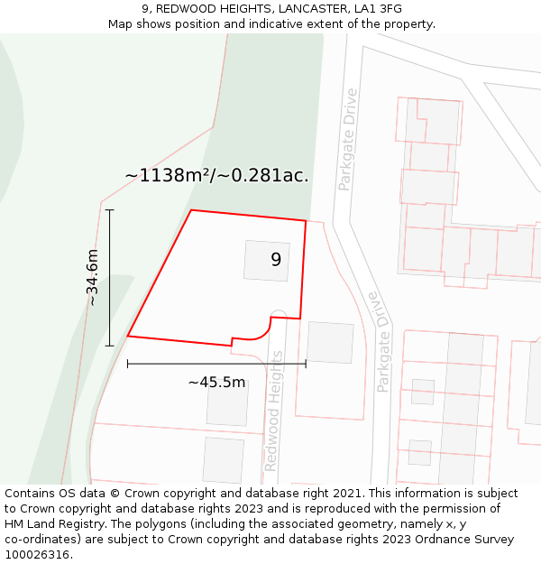 9, REDWOOD HEIGHTS, LANCASTER, LA1 3FG: Plot and title map