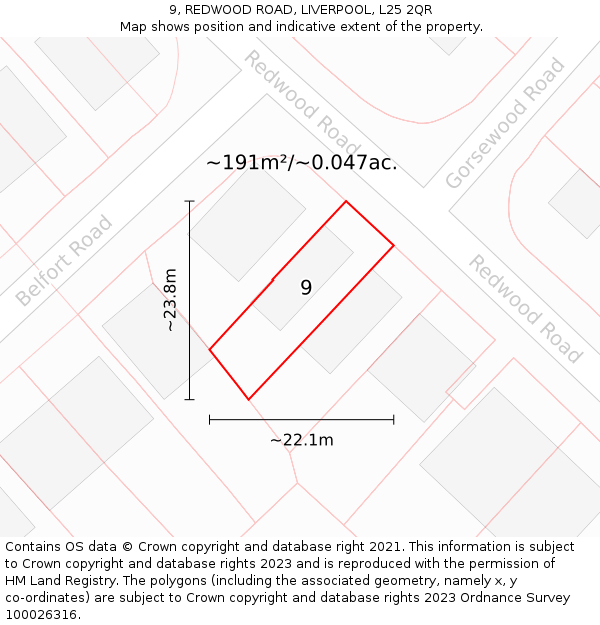 9, REDWOOD ROAD, LIVERPOOL, L25 2QR: Plot and title map