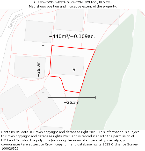 9, REDWOOD, WESTHOUGHTON, BOLTON, BL5 2RU: Plot and title map