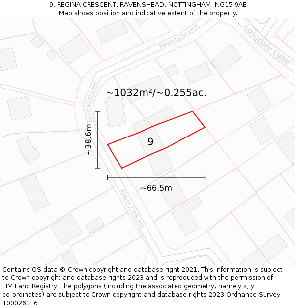9, REGINA CRESCENT, RAVENSHEAD, NOTTINGHAM, NG15 9AE: Plot and title map