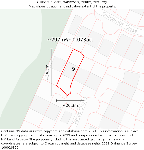 9, REGIS CLOSE, OAKWOOD, DERBY, DE21 2QL: Plot and title map