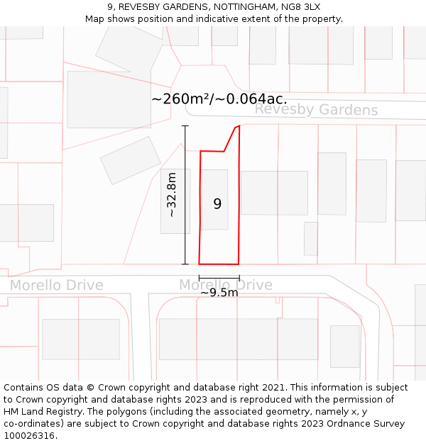 9, REVESBY GARDENS, NOTTINGHAM, NG8 3LX: Plot and title map