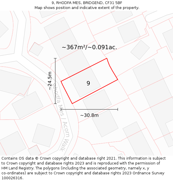 9, RHODFA MES, BRIDGEND, CF31 5BF: Plot and title map