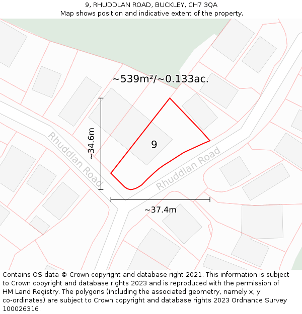 9, RHUDDLAN ROAD, BUCKLEY, CH7 3QA: Plot and title map